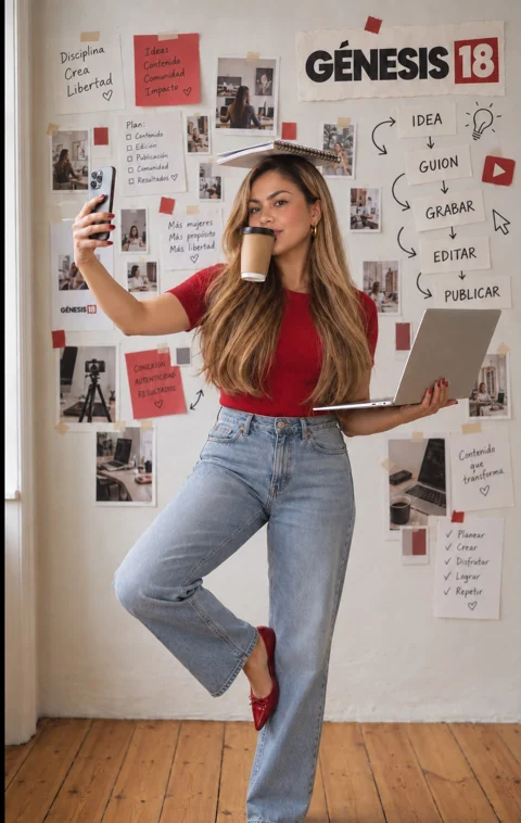 Jessica haciendo malabares con su celular, su café y su computador frente al muro de Génesis 18